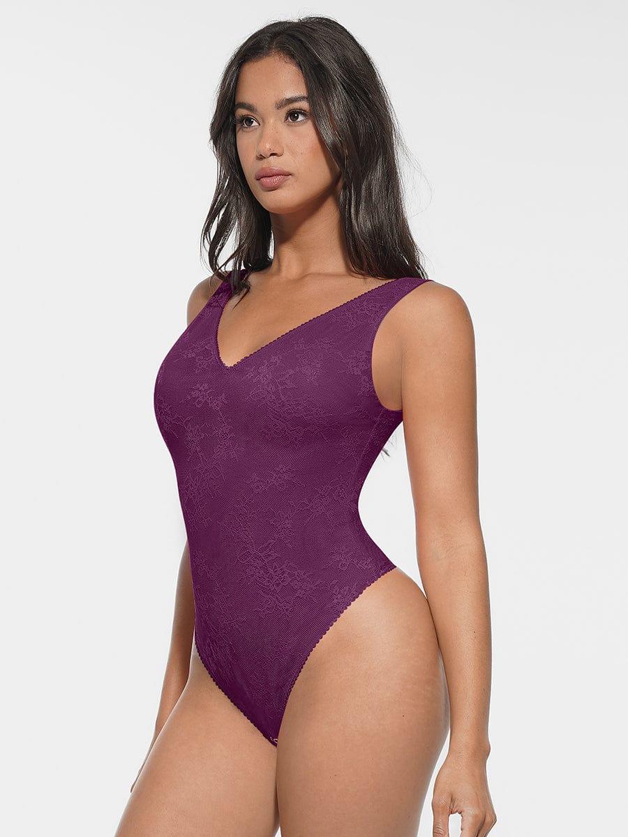 Seamless Sexy Deep V-Neck Lace Shaping Thong Bodysuit -