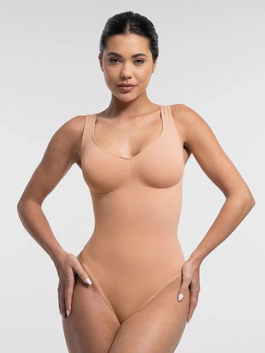 Seamless Bust Support Waist and Abdomen Control Thong Bodysuit -