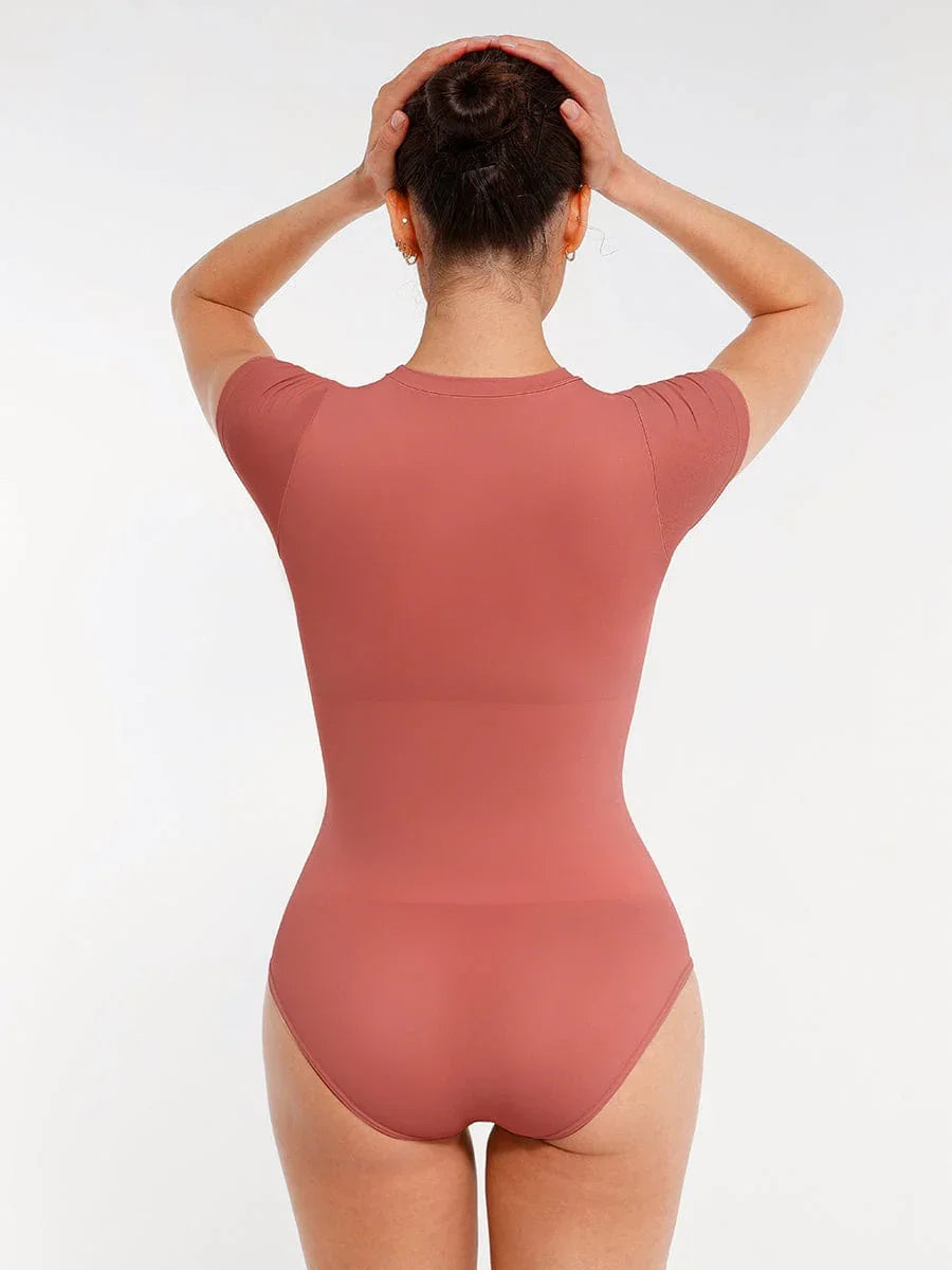 Seamless Bodysuit for Women – Tummy Control Short Sleeve Shaping Brief with Butt Lift -