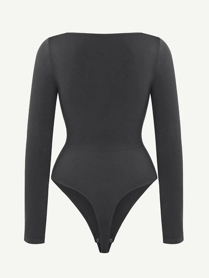 Seamless Eco-friendly Square Neck Long Sleeve 360° Waist Control Thong Bodysuit -
