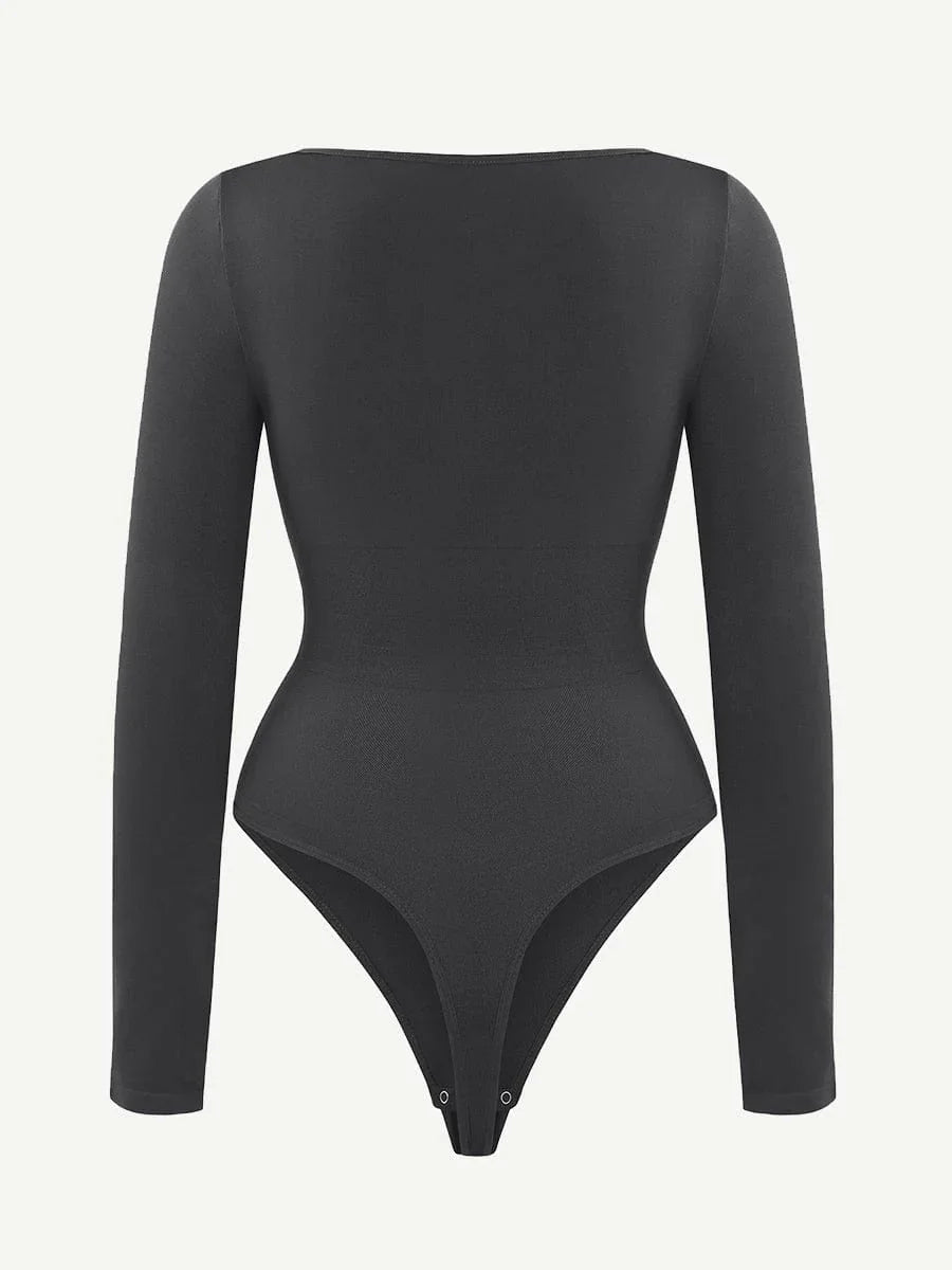 Seamless Eco-friendly Square Neck Long Sleeve 360° Waist Control Thong Bodysuit -
