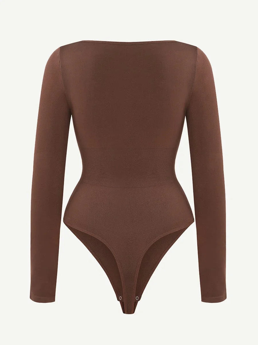 Seamless Eco-friendly Square Neck Long Sleeve 360° Waist Control Thong Bodysuit -