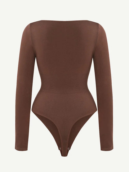 Seamless Eco-friendly Square Neck Long Sleeve 360° Waist Control Thong Bodysuit -