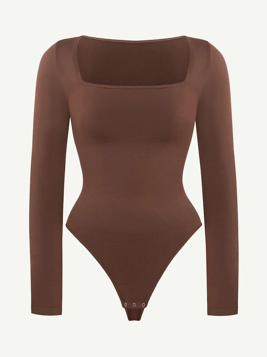 Seamless Eco-friendly Square Neck Long Sleeve 360° Waist Control Thong Bodysuit -