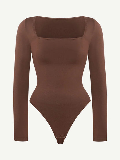 Seamless Eco-friendly Square Neck Long Sleeve 360° Waist Control Thong Bodysuit -