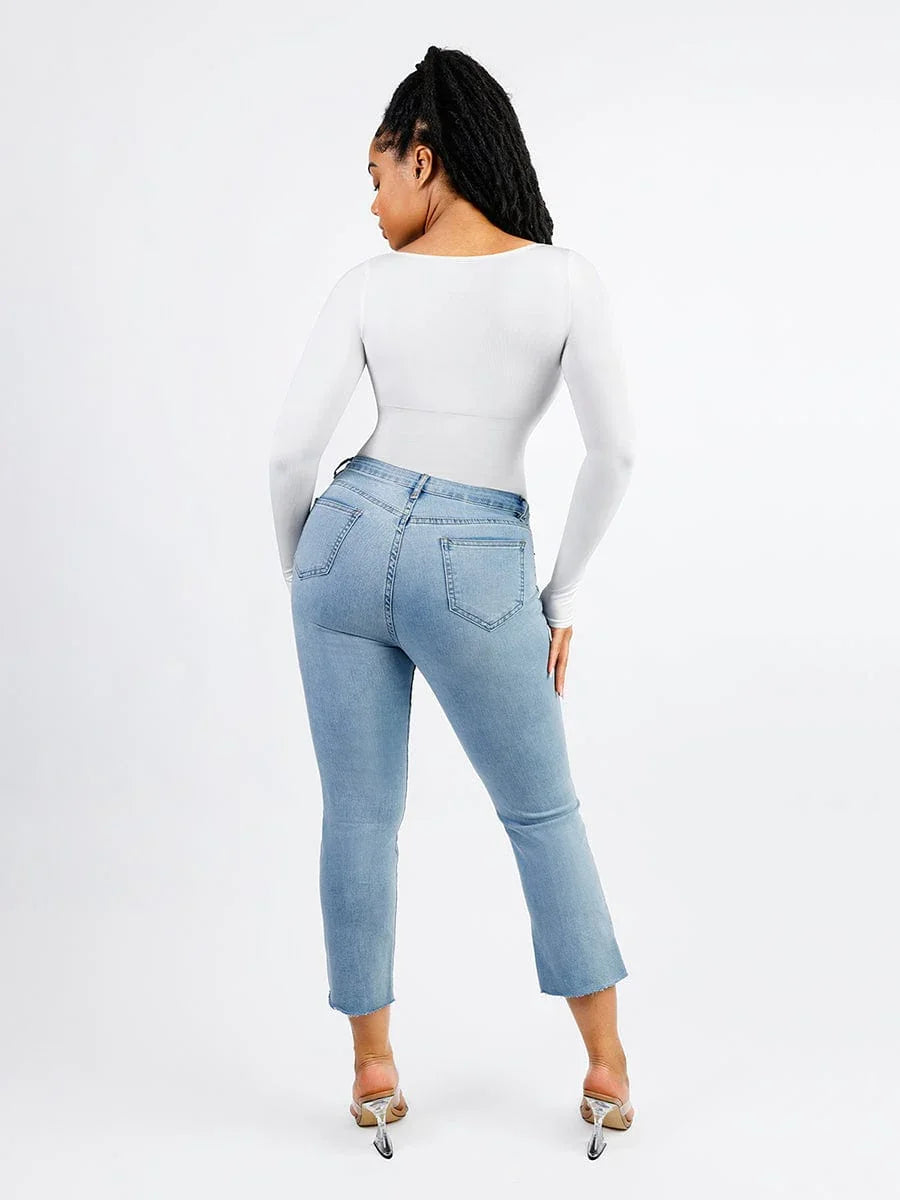 Seamless Eco-friendly Square Neck Long Sleeve 360° Waist Control Thong Bodysuit -