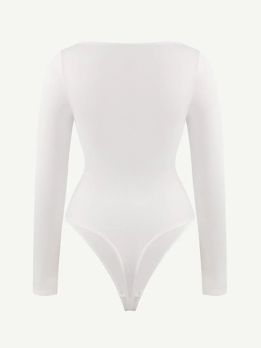 Seamless Eco-friendly Square Neck Long Sleeve 360° Waist Control Thong Bodysuit -
