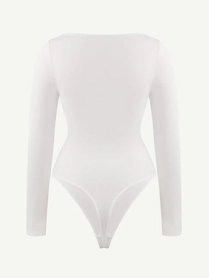Seamless Eco-friendly Square Neck Long Sleeve 360° Waist Control Thong Bodysuit -