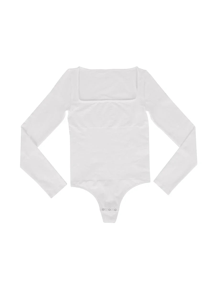 Seamless Eco-friendly Square Neck Long Sleeve 360° Waist Control Thong Bodysuit -