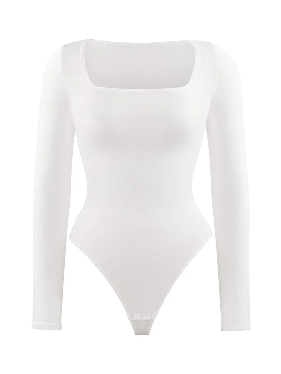Seamless Eco-friendly Square Neck Long Sleeve 360° Waist Control Thong Bodysuit -