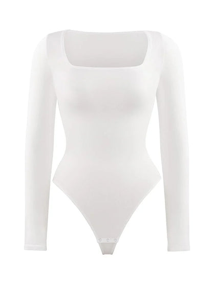 Seamless Eco-friendly Square Neck Long Sleeve 360° Waist Control Thong Bodysuit -