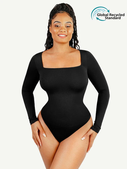 Seamless Eco-friendly Square Neck Long Sleeve 360° Waist Control Thong Bodysuit -