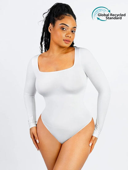 Seamless Eco-friendly Square Neck Long Sleeve 360° Waist Control Thong Bodysuit -