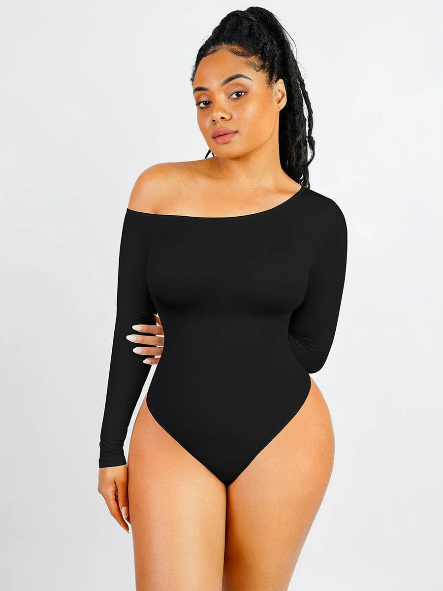 Seamless Diagonal Neck Long Sleeve Waist Trimming Thong Bodysuit -
