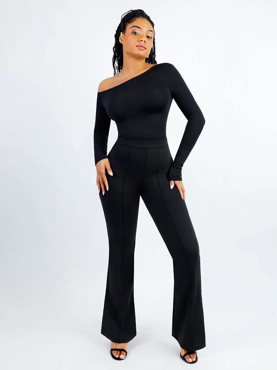 Seamless Diagonal Neck Long Sleeve Waist Trimming Thong Bodysuit -