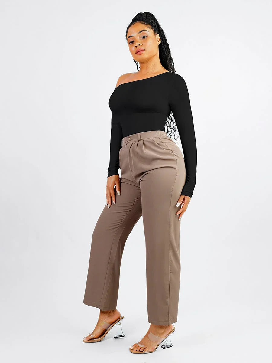Seamless Diagonal Neck Long Sleeve Waist Trimming Thong Bodysuit -