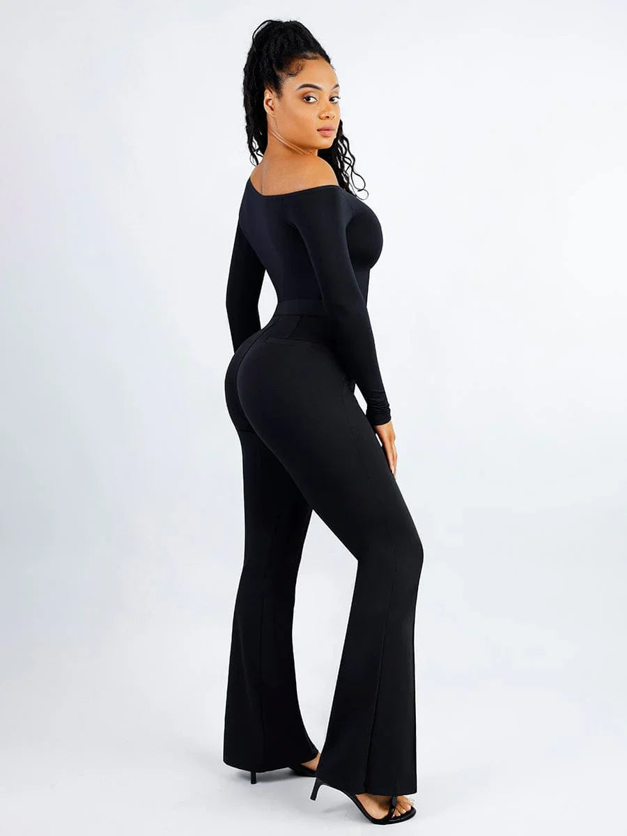 Seamless Diagonal Neck Long Sleeve Waist Trimming Thong Bodysuit -