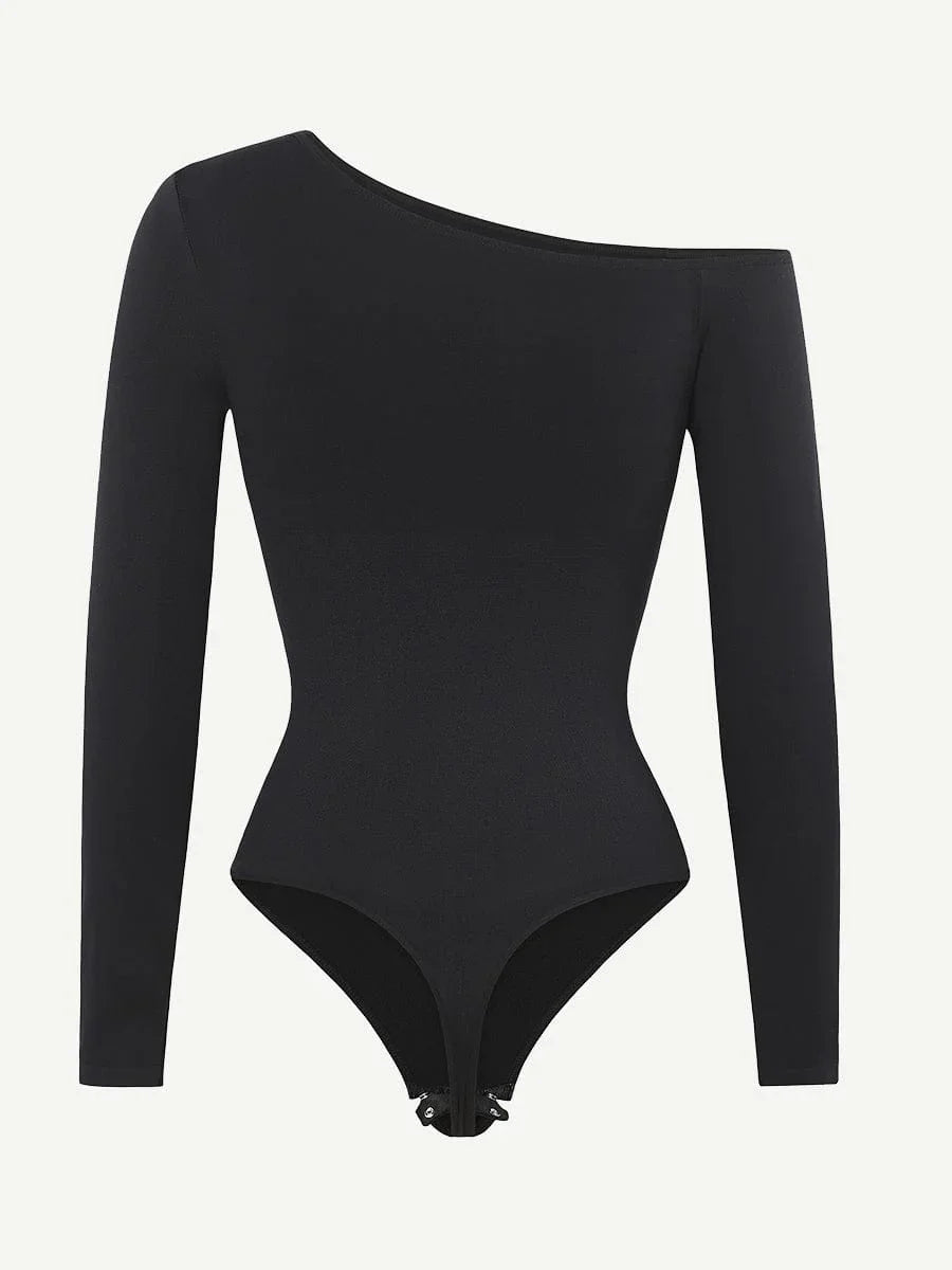 Seamless Diagonal Neck Long Sleeve Waist Trimming Thong Bodysuit -