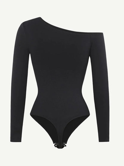 Seamless Diagonal Neck Long Sleeve Waist Trimming Thong Bodysuit -