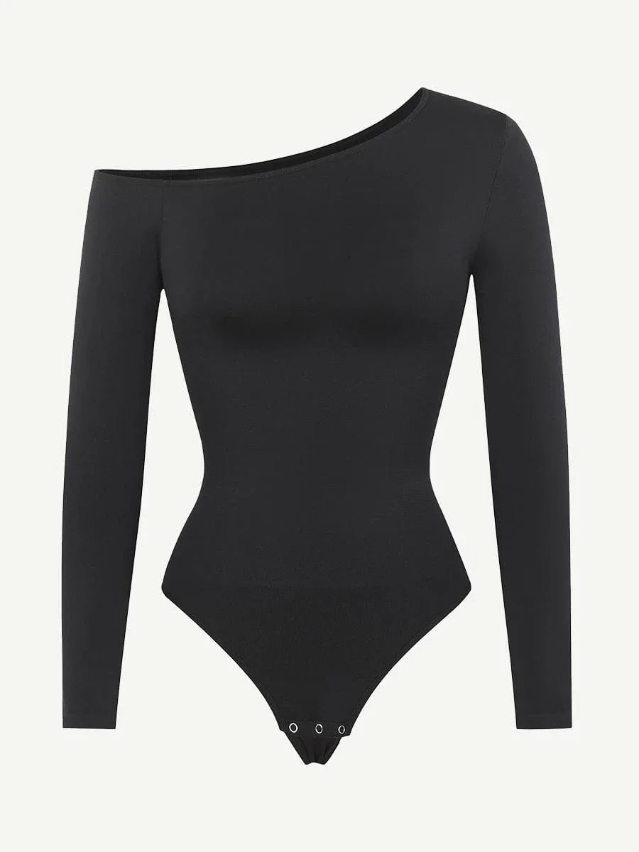 Seamless Diagonal Neck Long Sleeve Waist Trimming Thong Bodysuit -