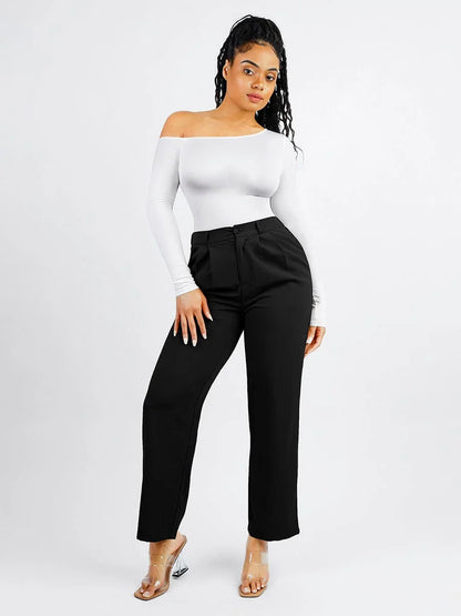 Seamless Diagonal Neck Long Sleeve Waist Trimming Thong Bodysuit -