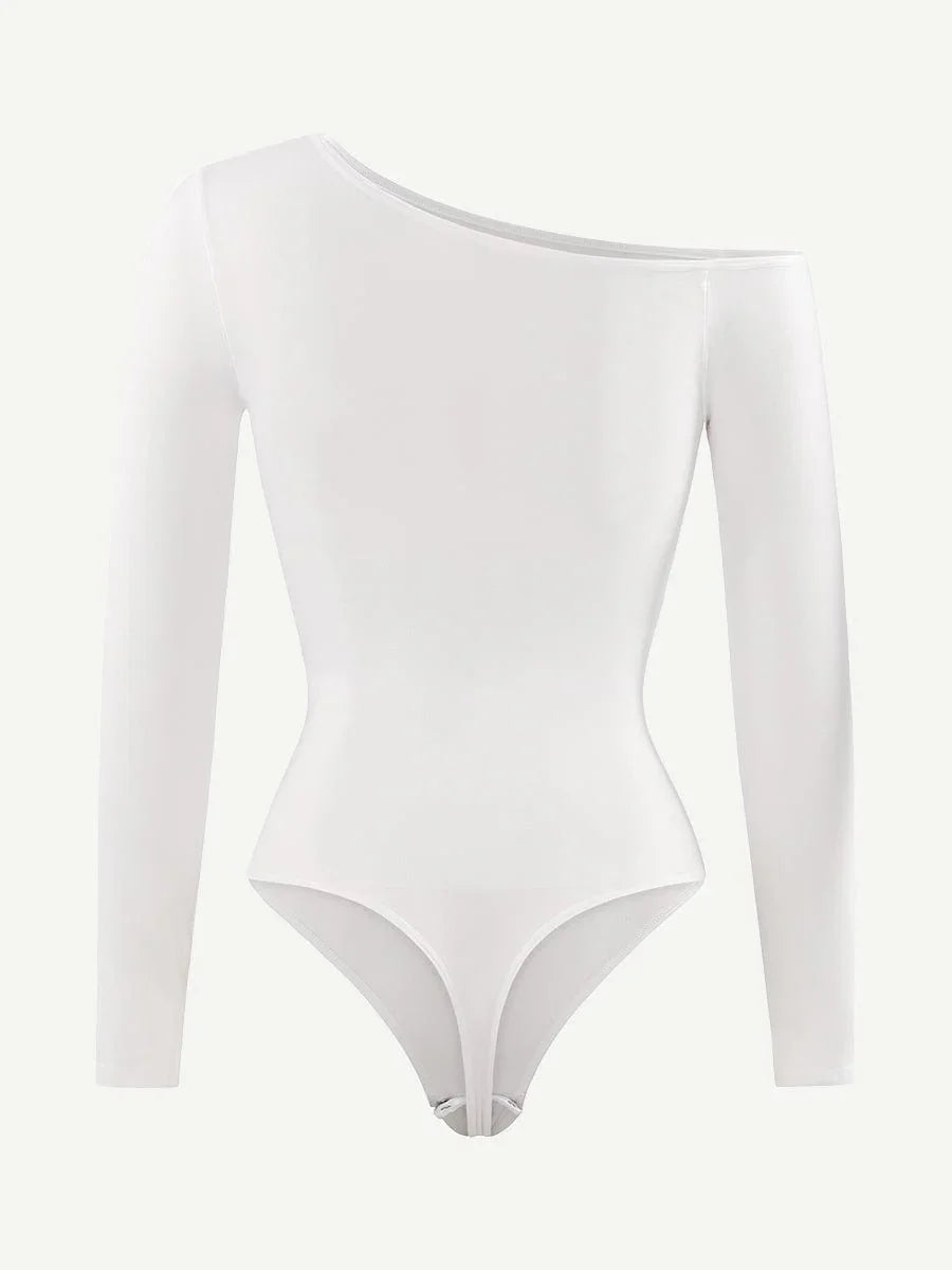 Seamless Diagonal Neck Long Sleeve Waist Trimming Thong Bodysuit -