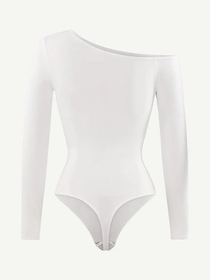 Seamless Diagonal Neck Long Sleeve Waist Trimming Thong Bodysuit -
