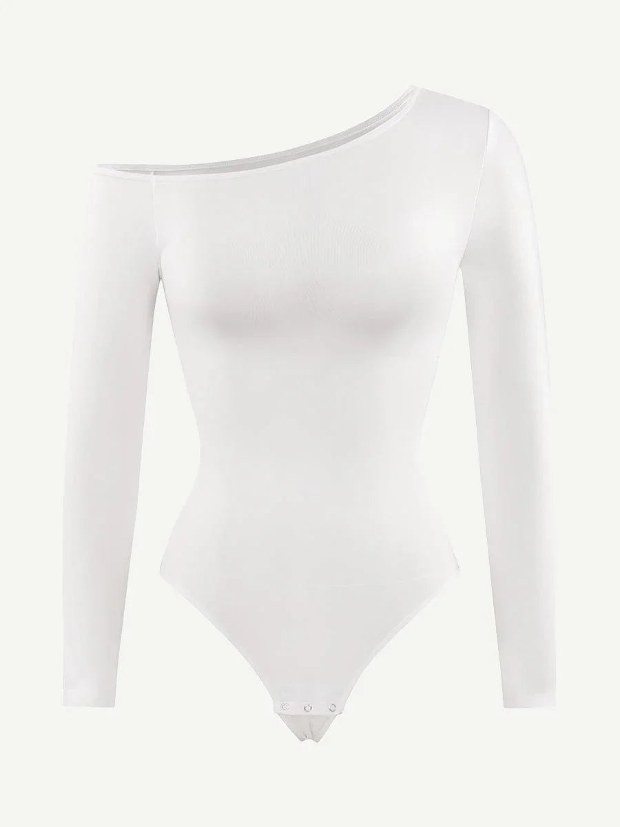 Seamless Diagonal Neck Long Sleeve Waist Trimming Thong Bodysuit -
