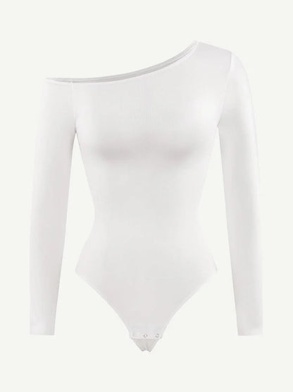 Seamless Diagonal Neck Long Sleeve Waist Trimming Thong Bodysuit -