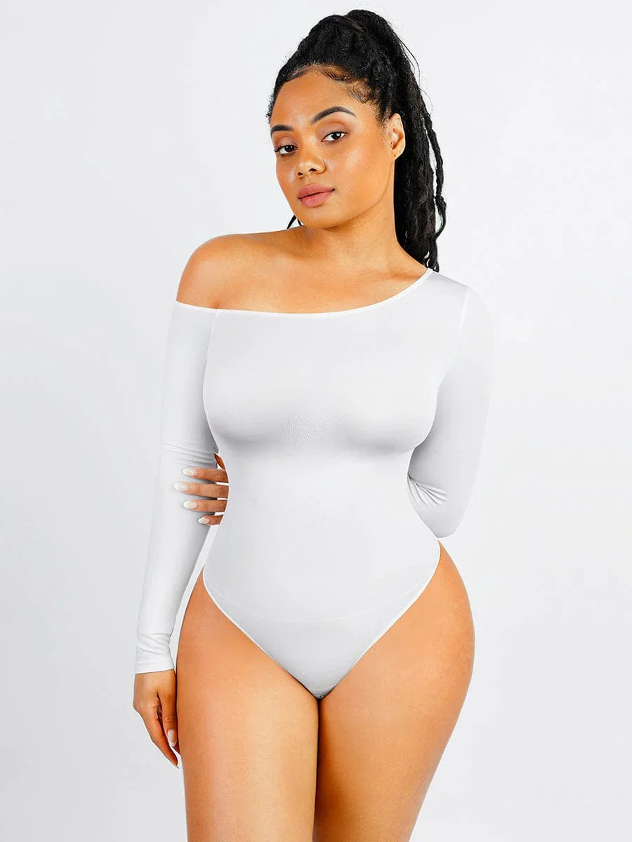 Seamless Diagonal Neck Long Sleeve Waist Trimming Thong Bodysuit -