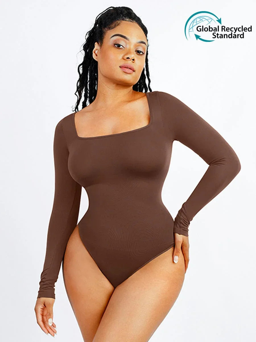 Seamless Eco-friendly Square Neck Long Sleeve 360° Waist Control Thong Bodysuit -