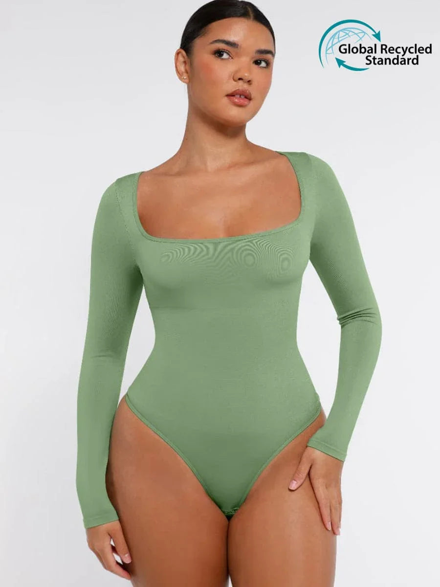 Seamless Eco-friendly Square Neck Long Sleeve 360° Waist Control Thong Bodysuit -