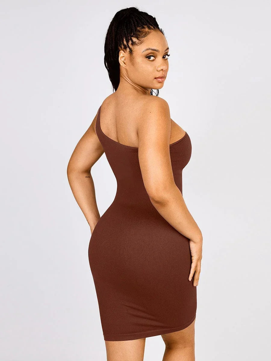 Seamless Eco-friendly One-shoulder Slanted Neck Waist Trimming Shaper Dress -