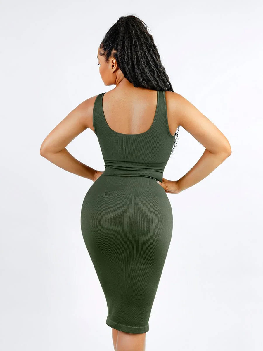 Eco-friendly Seamless Deep V-neck Waist Trimming Shaping Dress with Removable Pads -