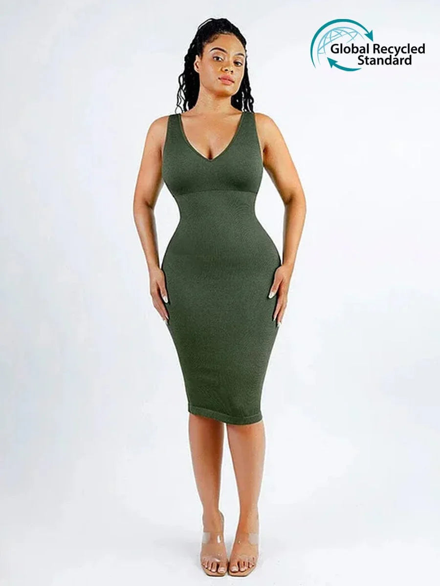 Eco-friendly Seamless Deep V-neck Waist Trimming Shaping Dress with Removable Pads -