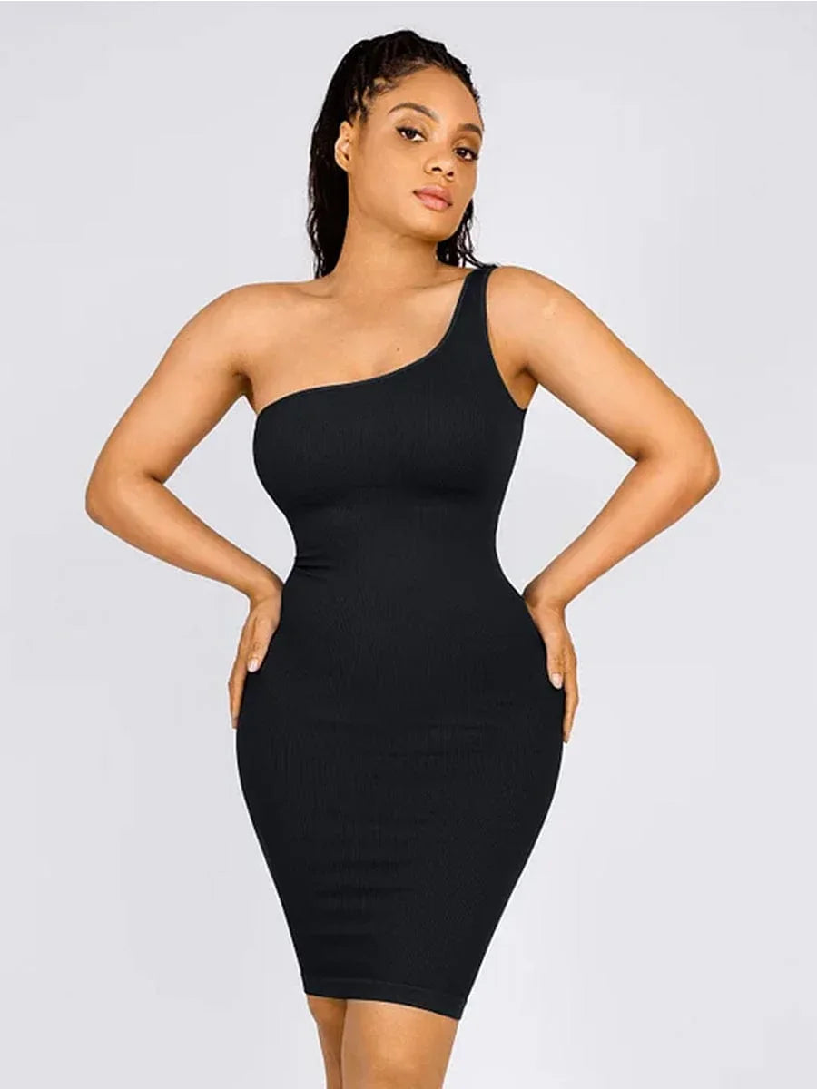 Seamless Eco-friendly One-shoulder Slanted Neck Waist Trimming Shaper Dress -