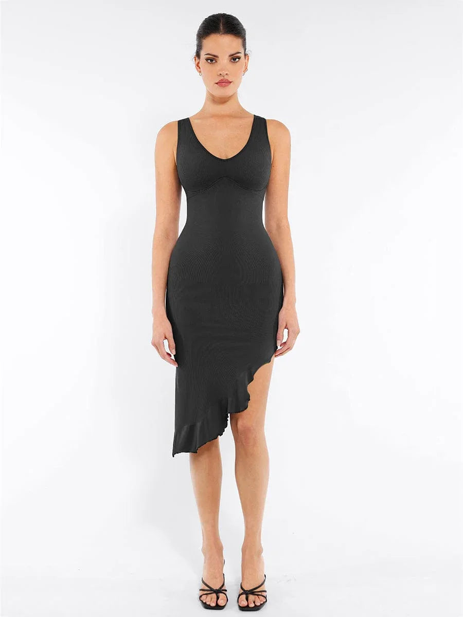 Seamless Sleeveless Irregular Ruffled Hem Waist and Abdomen Shaping Dress -