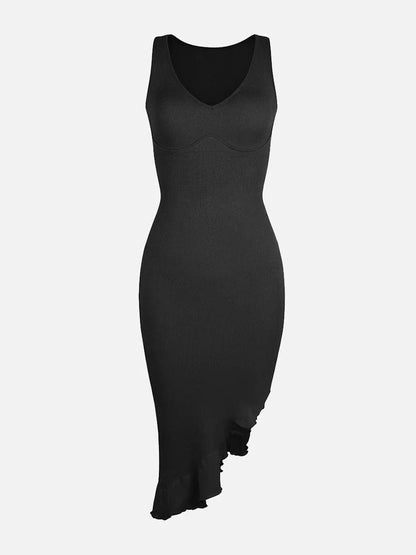 Seamless Sleeveless Irregular Ruffled Hem Waist and Abdomen Shaping Dress -