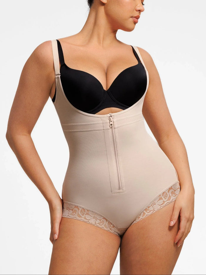 U-Shaped Front Zipper Lace Shapewear Bodysuit - Bust Lift & Tummy Control