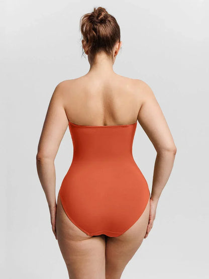 Strapless U Wire Mesh Tummy Control One Piece Shapewear Swimsuit with Removable Pads -