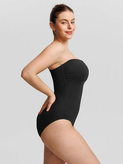 Strapless U Wire Mesh Tummy Control One Piece Shapewear Swimsuit with Removable Pads -