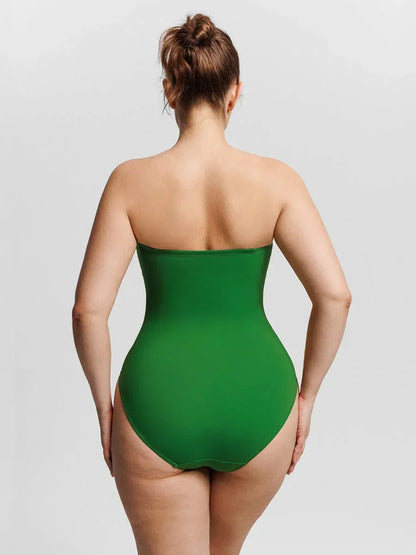 Strapless U Wire Mesh Tummy Control One Piece Shapewear Swimsuit with Removable Pads -